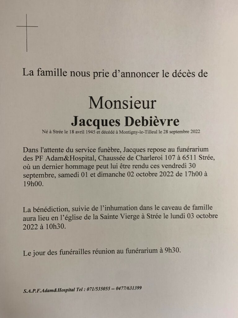 Deces de Jacques Debievre | Funérailles Adam Hospital