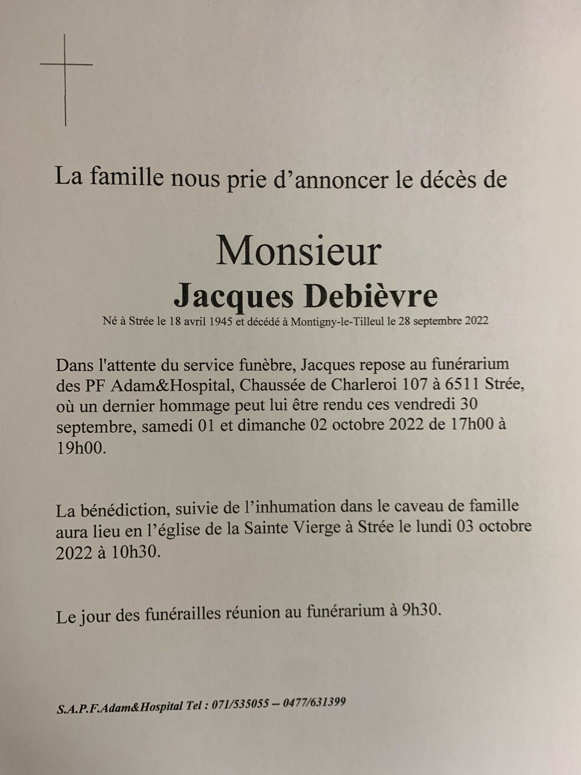 Deces de Jacques Debievre scaled | Funérailles Adam Hospital