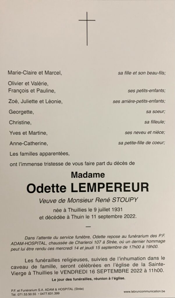 Madame Odette Lempereur | Funérailles Adam Hospital