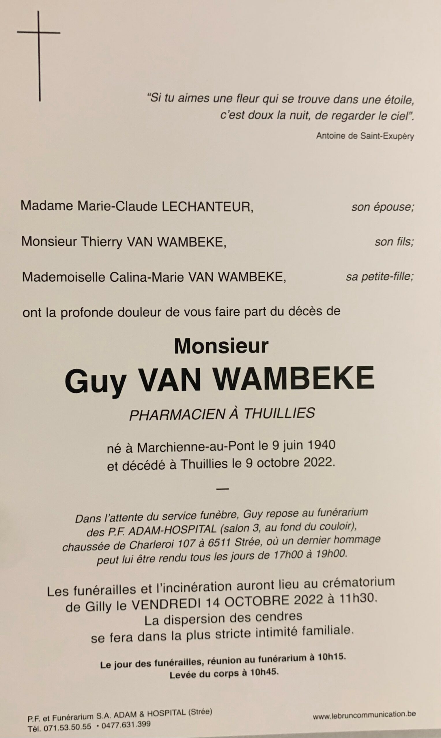 Faire part Guy VAN WAMBEKE scaled | Funérailles Adam Hospital