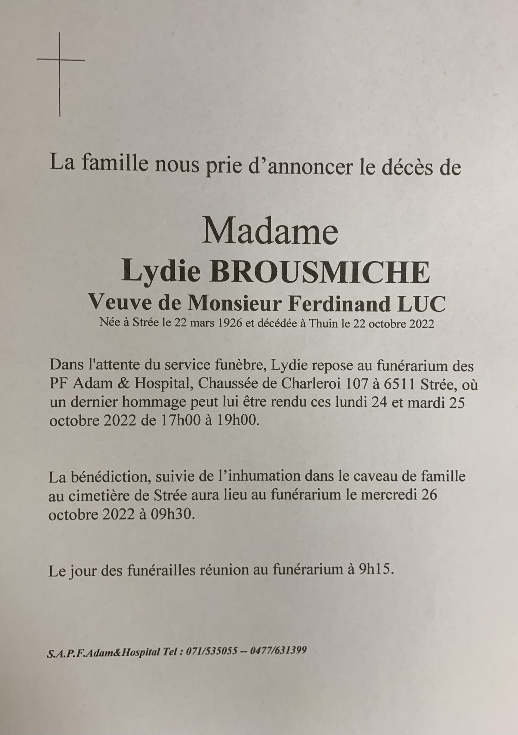 Madame Lydie Brousmiche scaled | Funérailles Adam Hospital