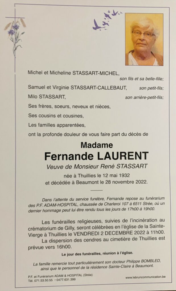 Madame Fernande LAURENT | Funérailles Adam Hospital