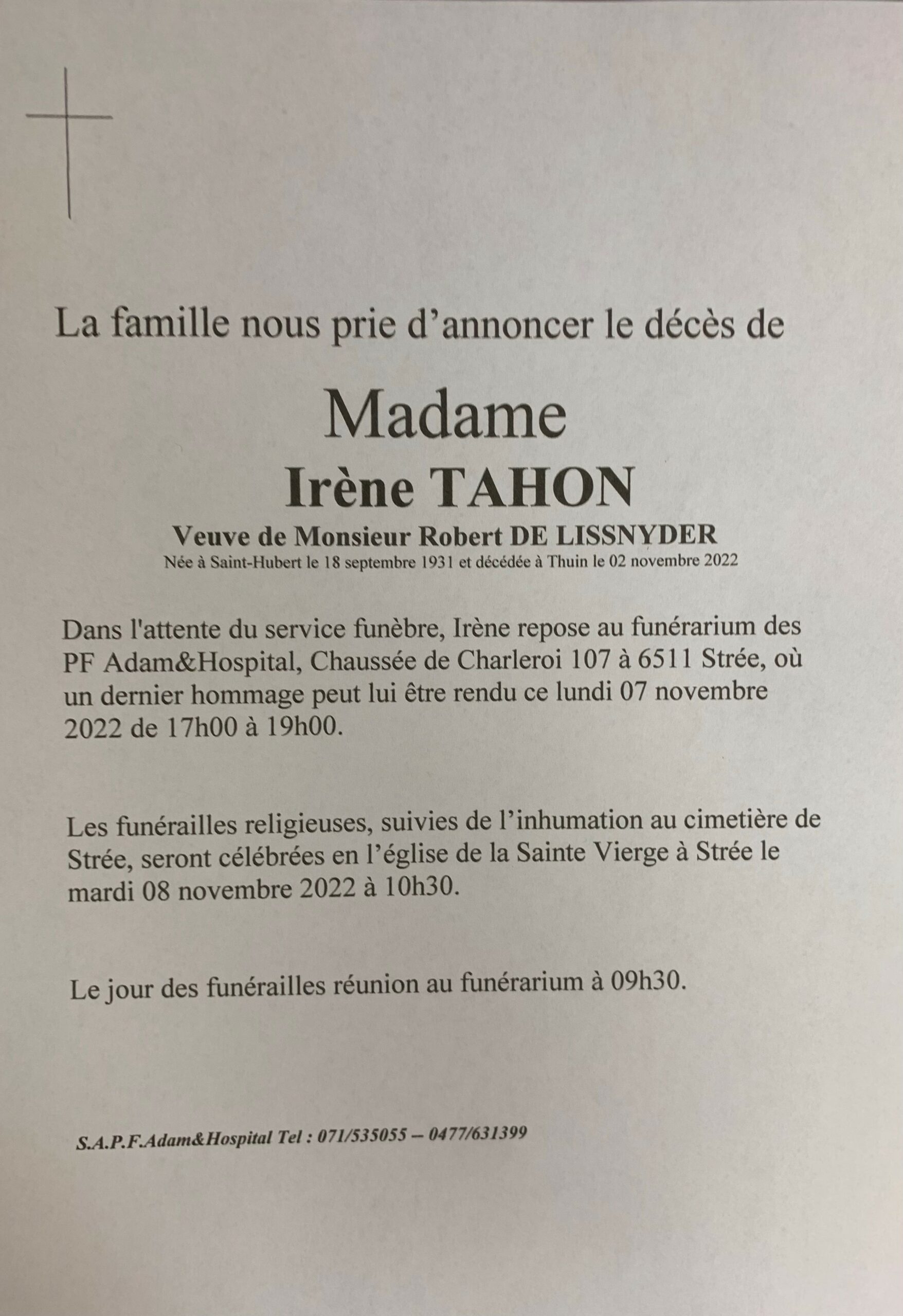 Madame Irene Tahon scaled | Funérailles Adam Hospital