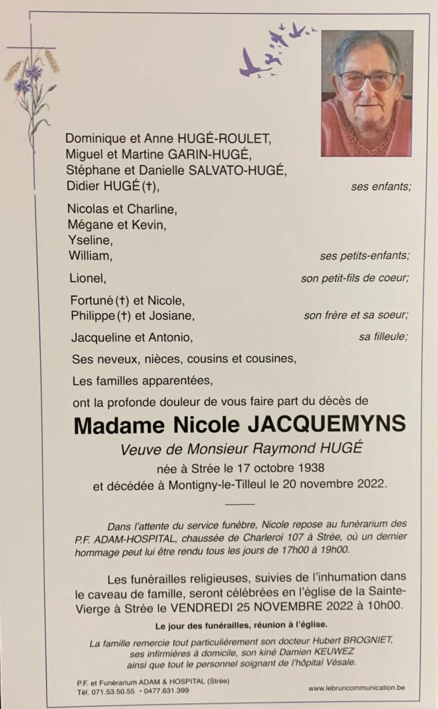 Madame Nicole JACQUEMYNS | Funérailles Adam Hospital