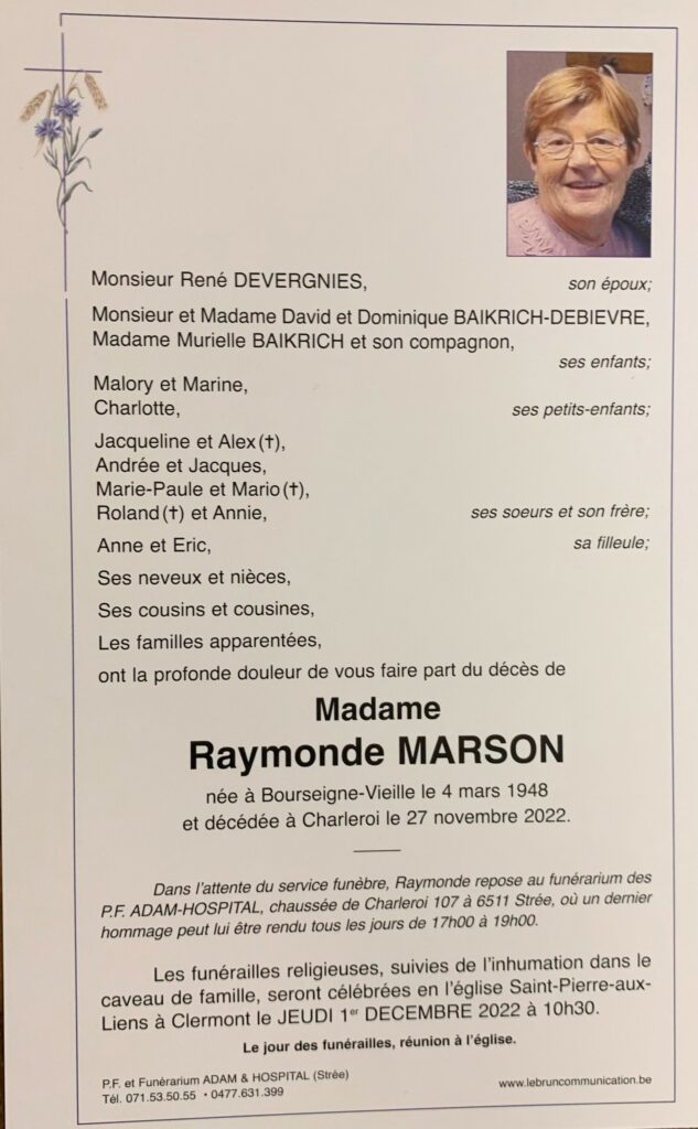 Madame Raymonde MARSON | Funérailles Adam Hospital