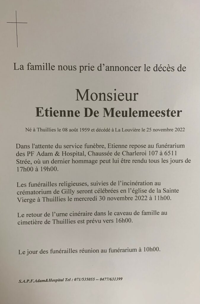 Monsieur Etienne De Meulemeester | Funérailles Adam Hospital