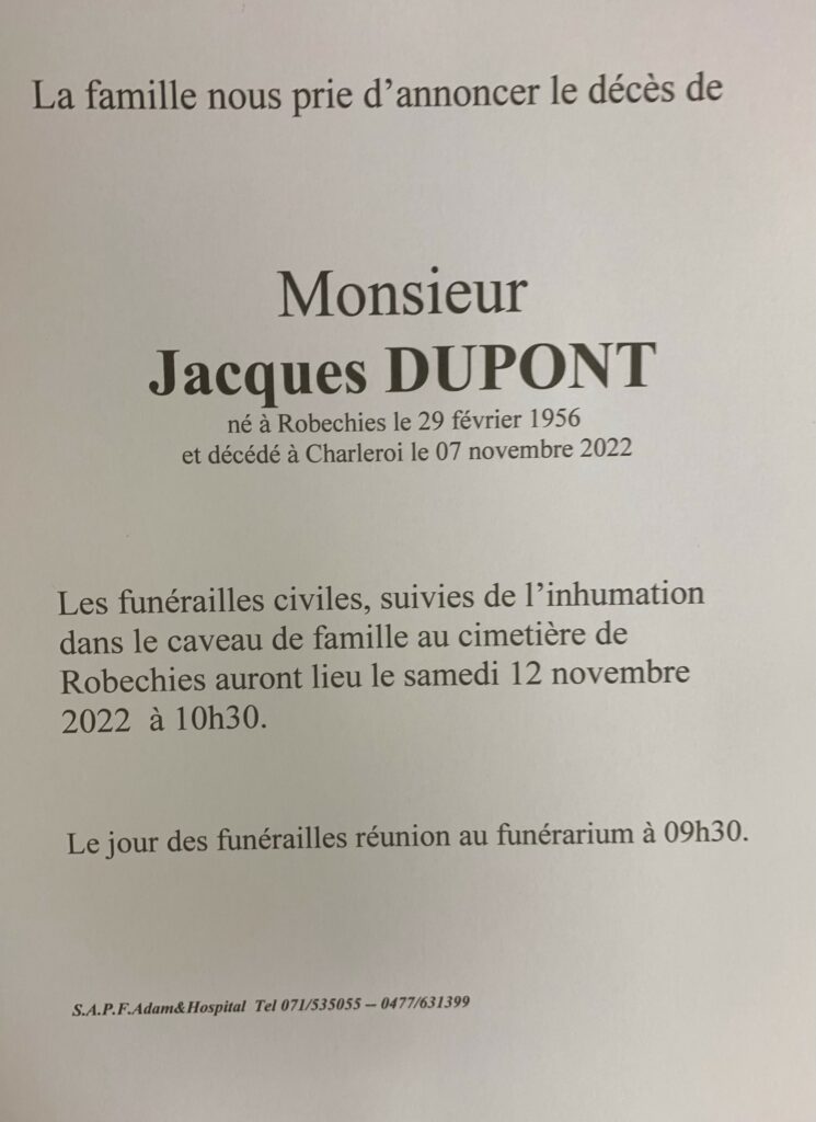 Monsieur Jacques DUPONT | Funérailles Adam Hospital
