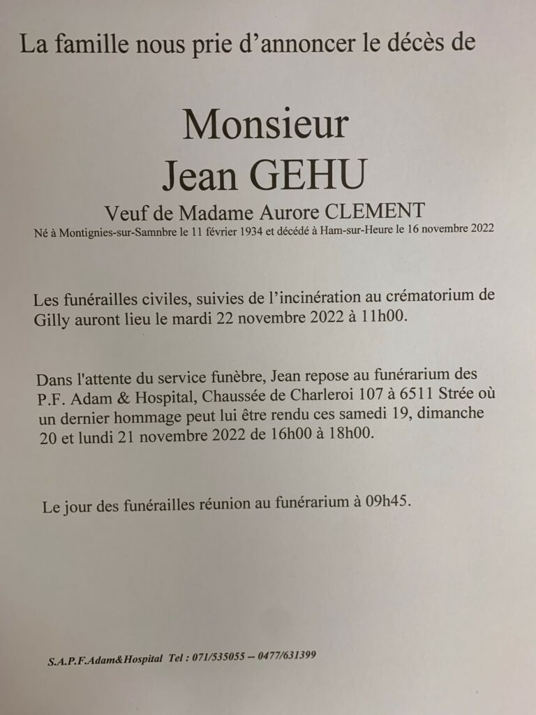 Monsieur Jean GEHU | Funérailles Adam Hospital