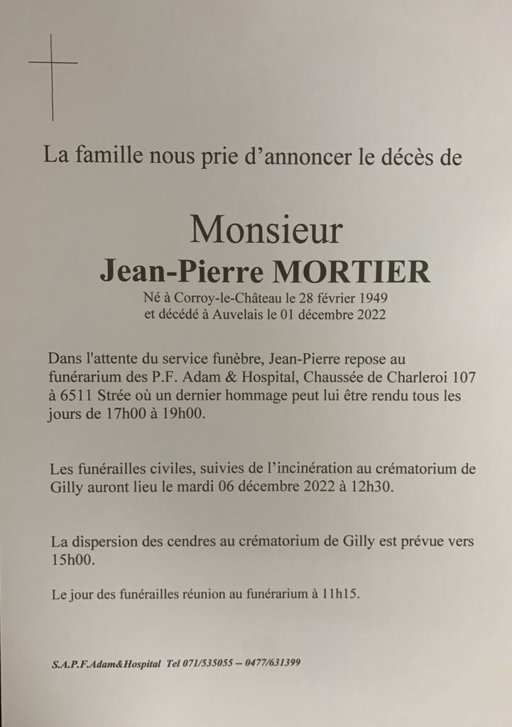 Monsieur Jean Pierre MORTIER | Funérailles Adam Hospital