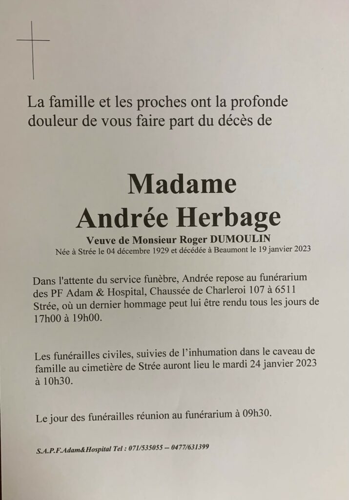 Madame Andree Herbage | Funérailles Adam Hospital