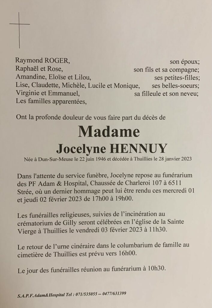 Madame Jocelyne HENNUY | Funérailles Adam Hospital
