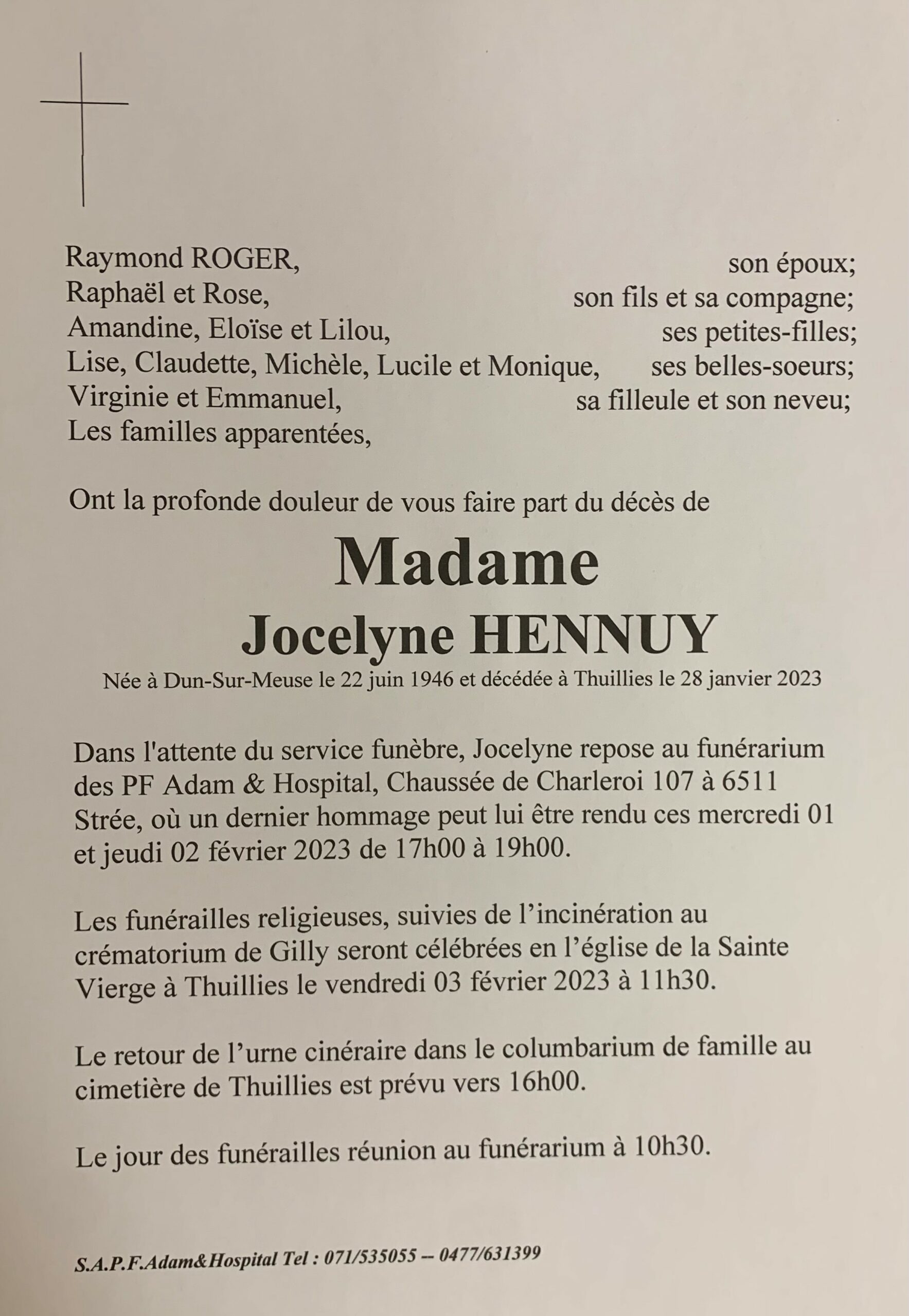 Madame Jocelyne HENNUY scaled | Funérailles Adam Hospital