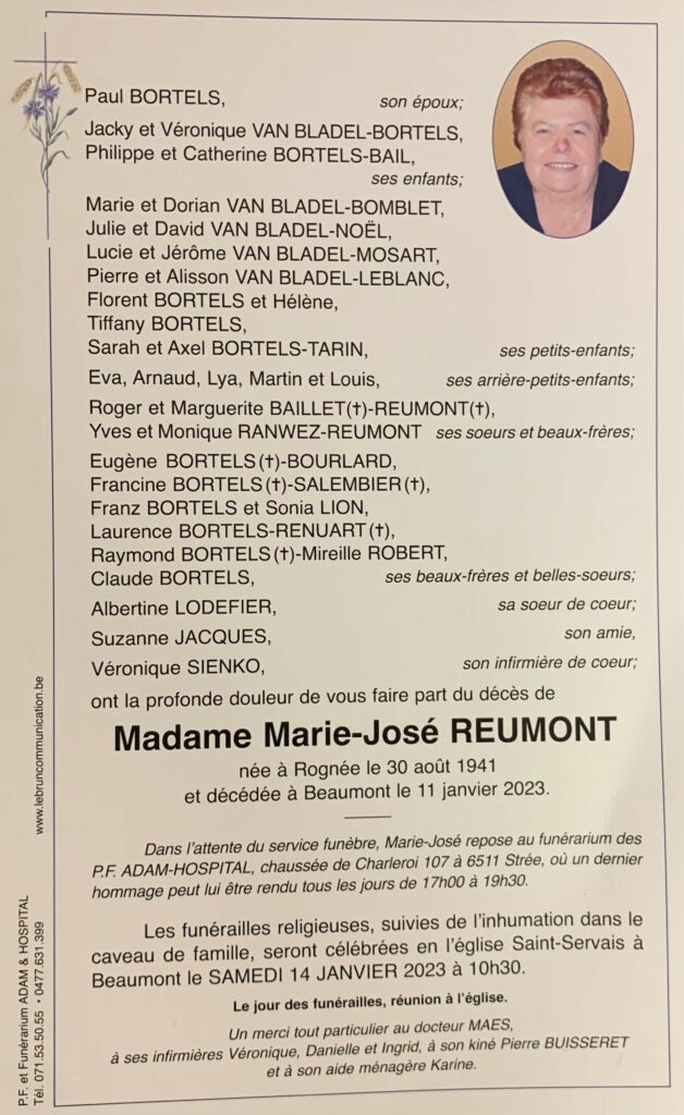 Madame Marie Jose REUMONT | Funérailles Adam Hospital