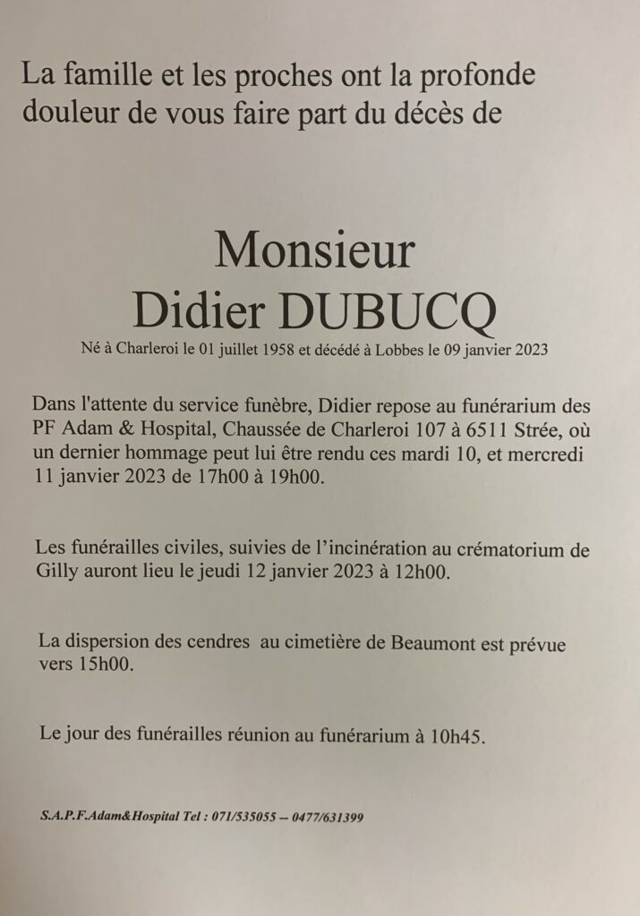 Monsieur Didier DUBUCQ | Funérailles Adam Hospital