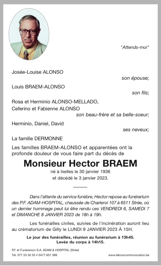 Monsieur Hector BRAEM | Funérailles Adam Hospital