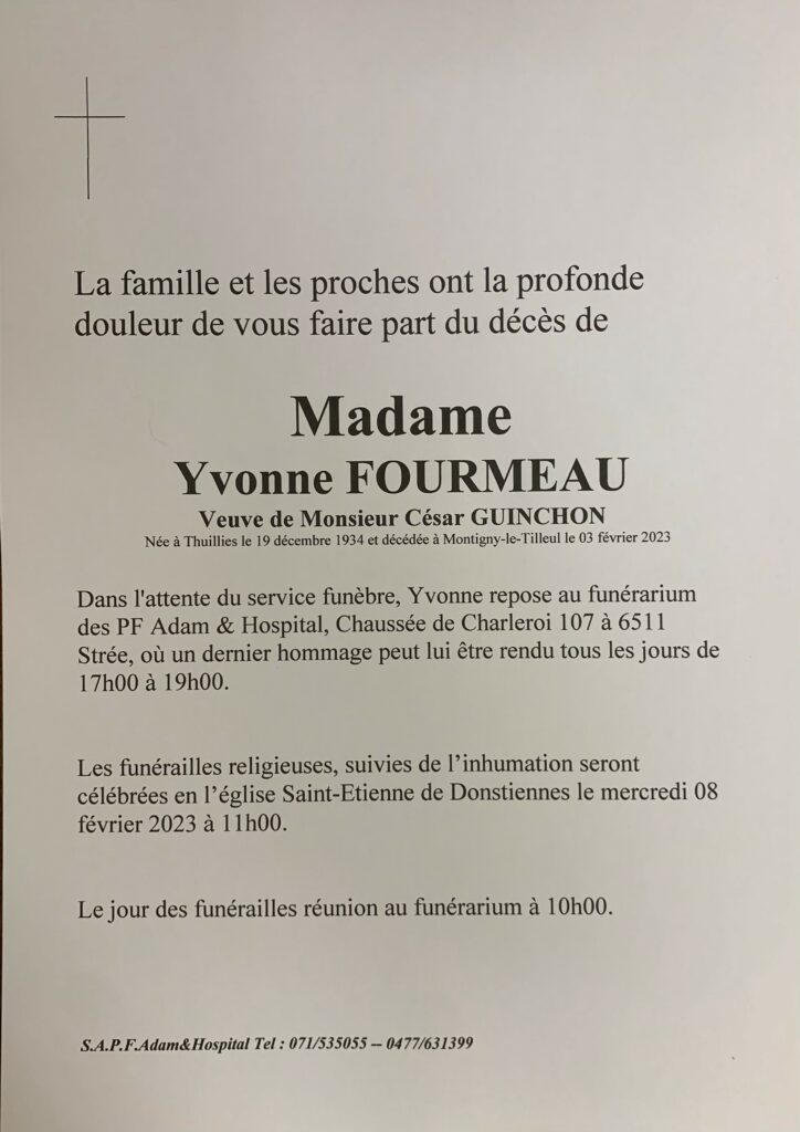 Madame Yvonne FOURMEAU | Funérailles Adam Hospital