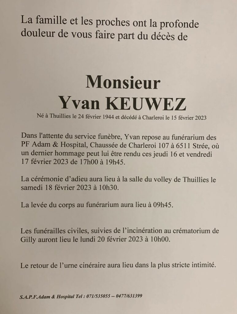 Monsieur Yvan KEUWEZ | Funérailles Adam Hospital