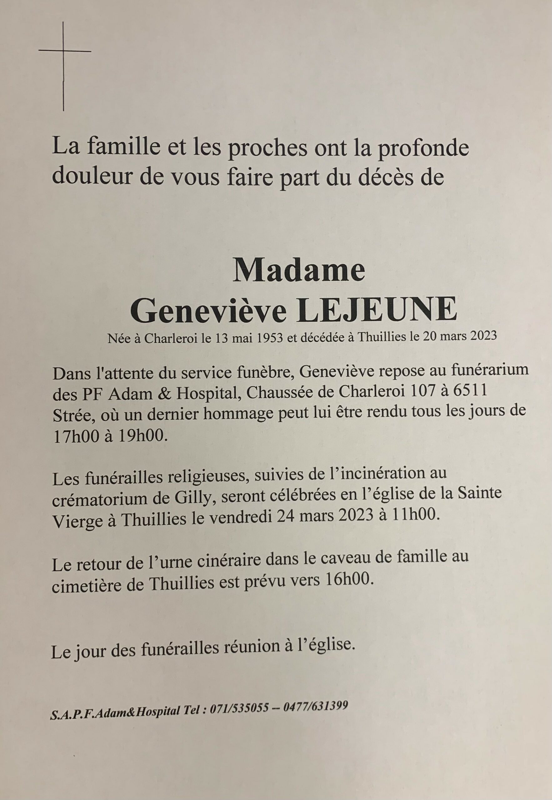 Madame Geneveve LEJEUNE scaled | Funérailles Adam Hospital