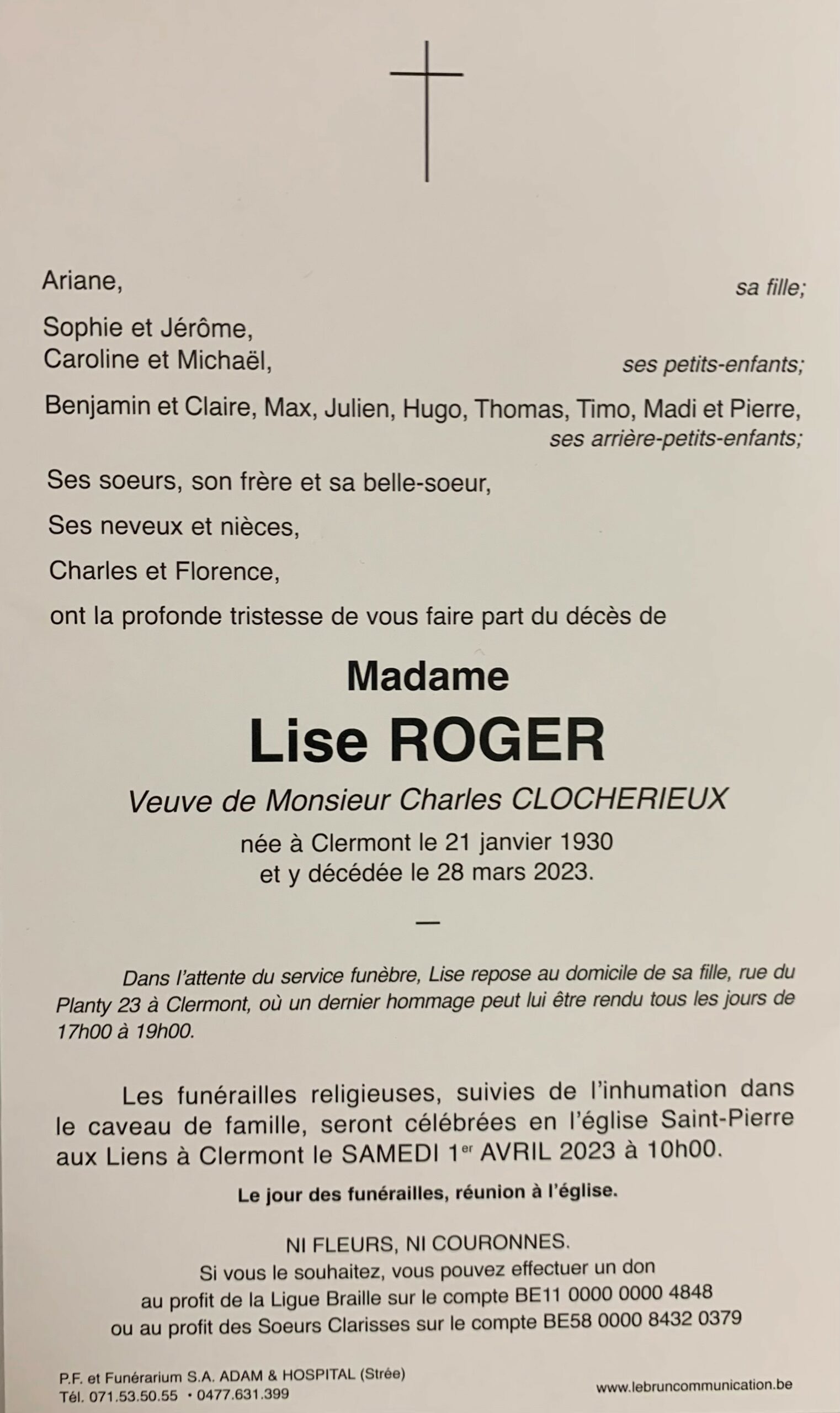 Madame Lise ROGER Veuve de Monsieur Charles CLOCHERIEUX nee a Vlermont le 21 janvier 1930 et y decedee le 28 mars 2023 1 scaled 1 | Funérailles Adam Hospital