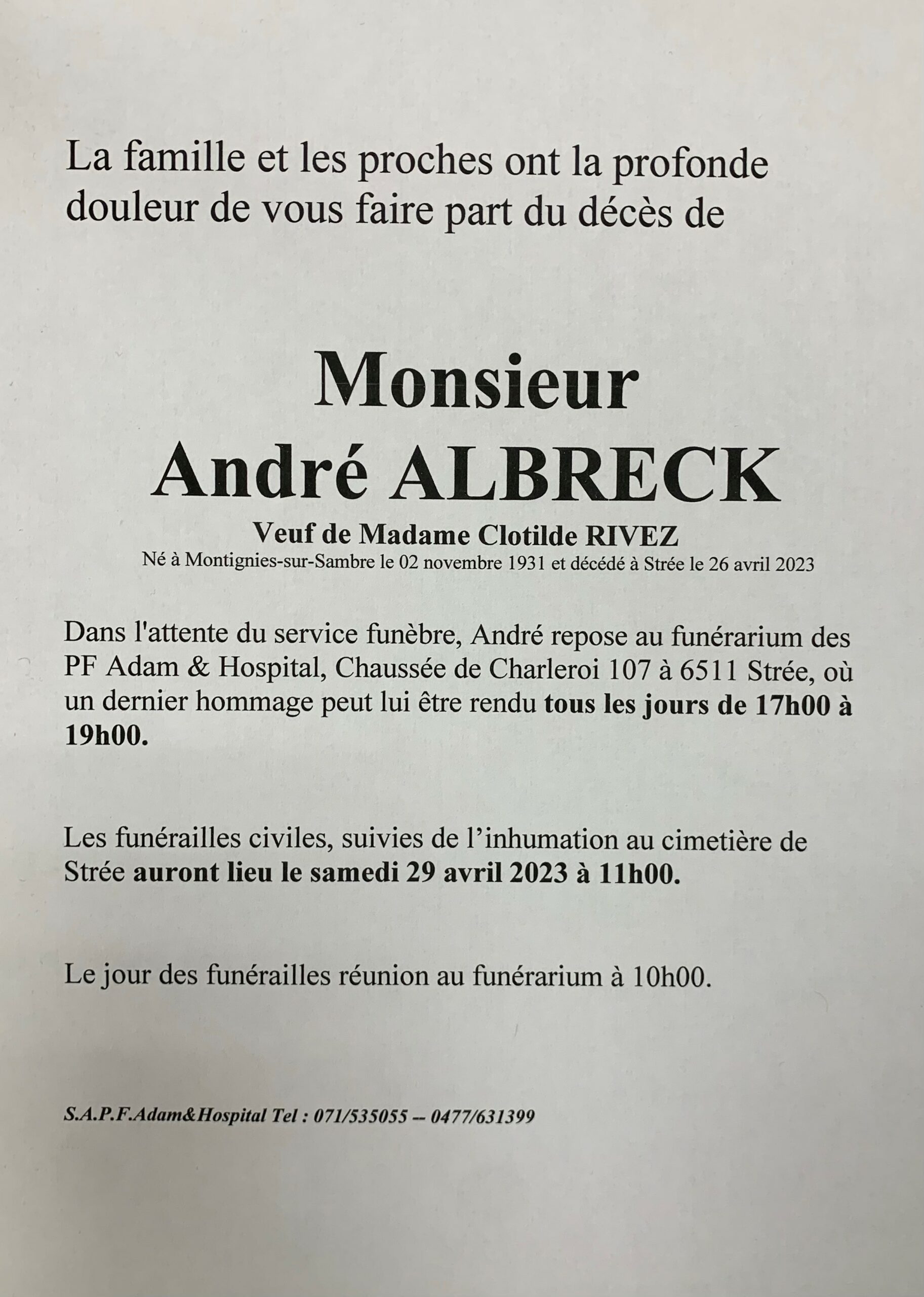 Monsieur Andre Albreck scaled 1 | Funérailles Adam Hospital