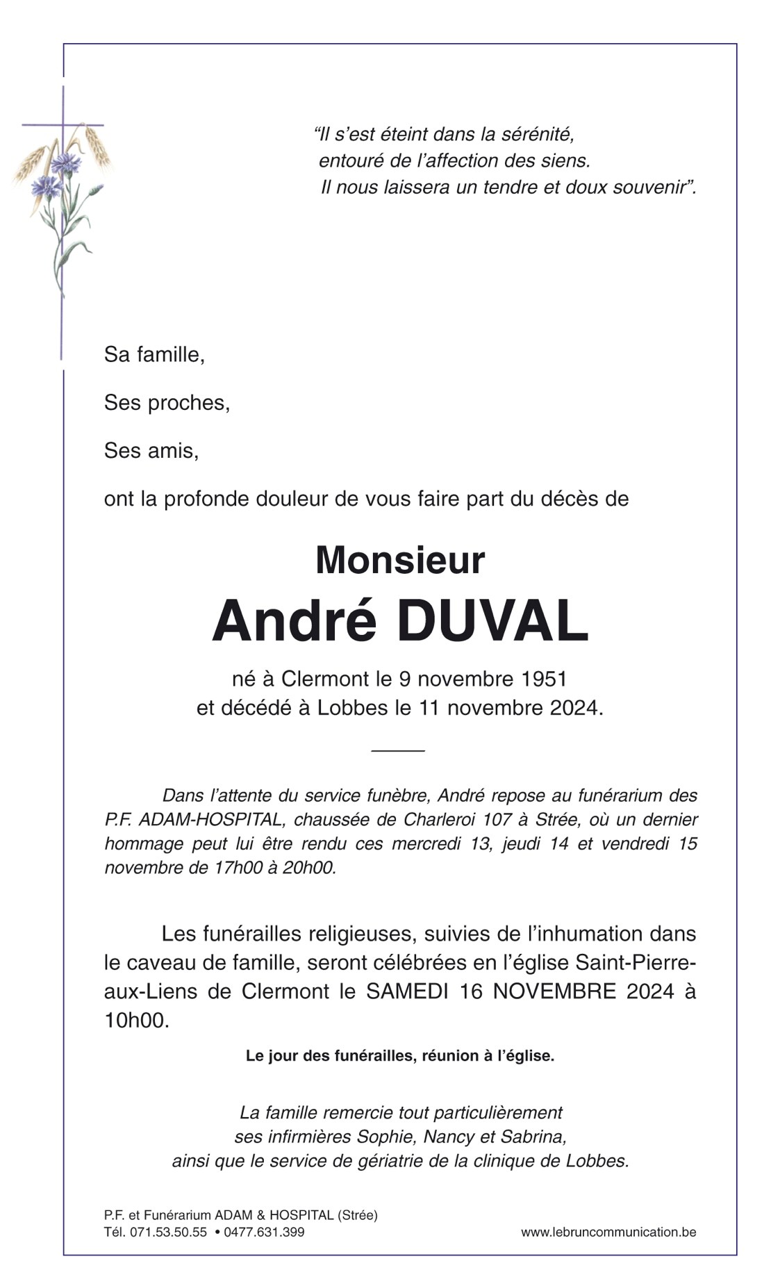 Andre DUVAL | Funérailles Adam Hospital