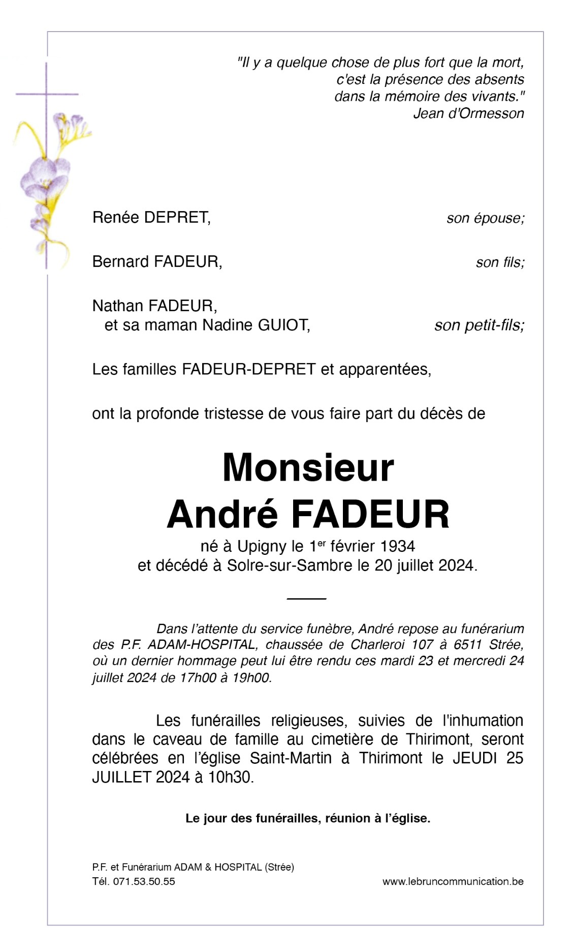 Andre FADEUR | Funérailles Adam Hospital