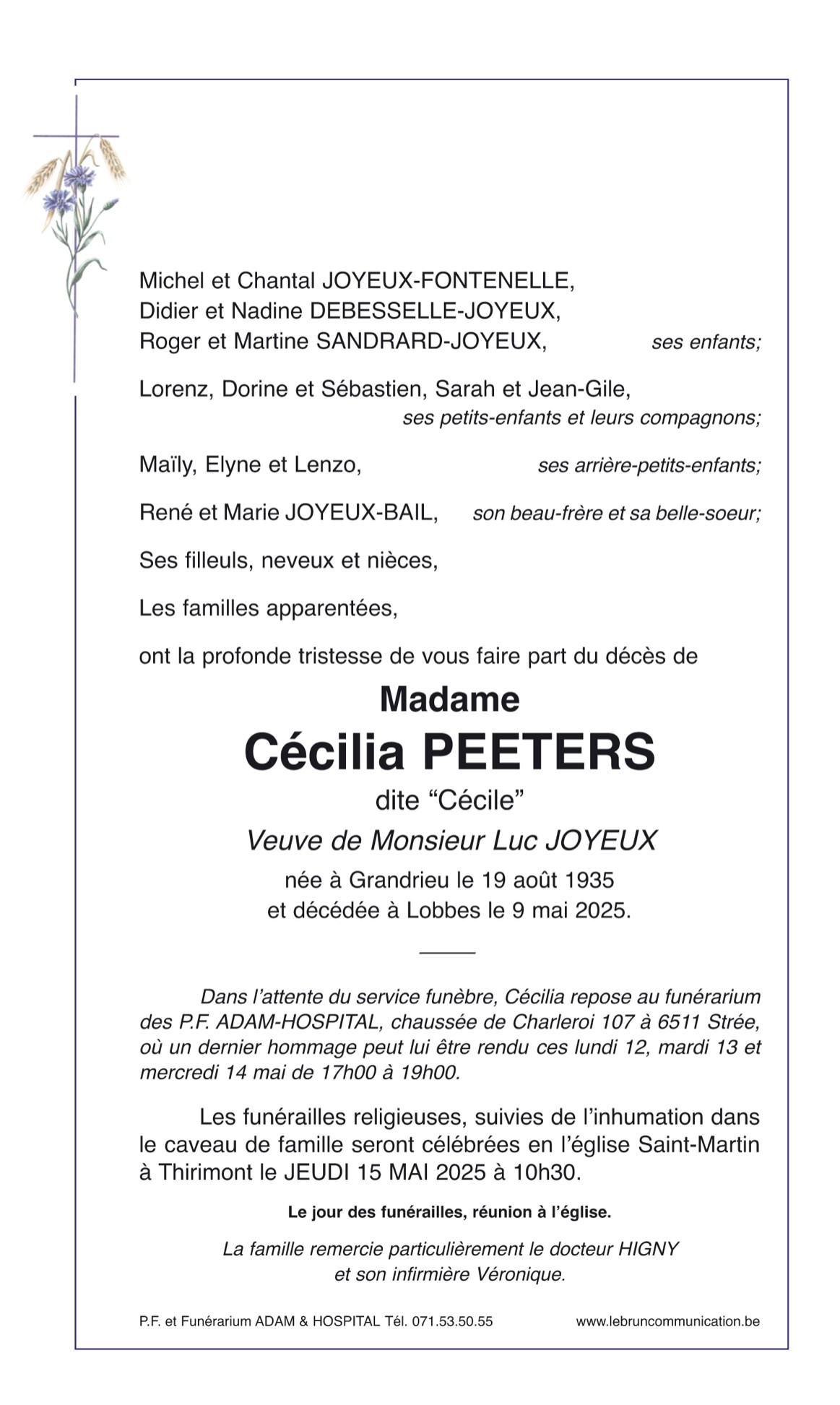 Cecilia PEETERS | Funérailles Adam Hospital Cecilia PEETERS | Funérailles Adam Hospital