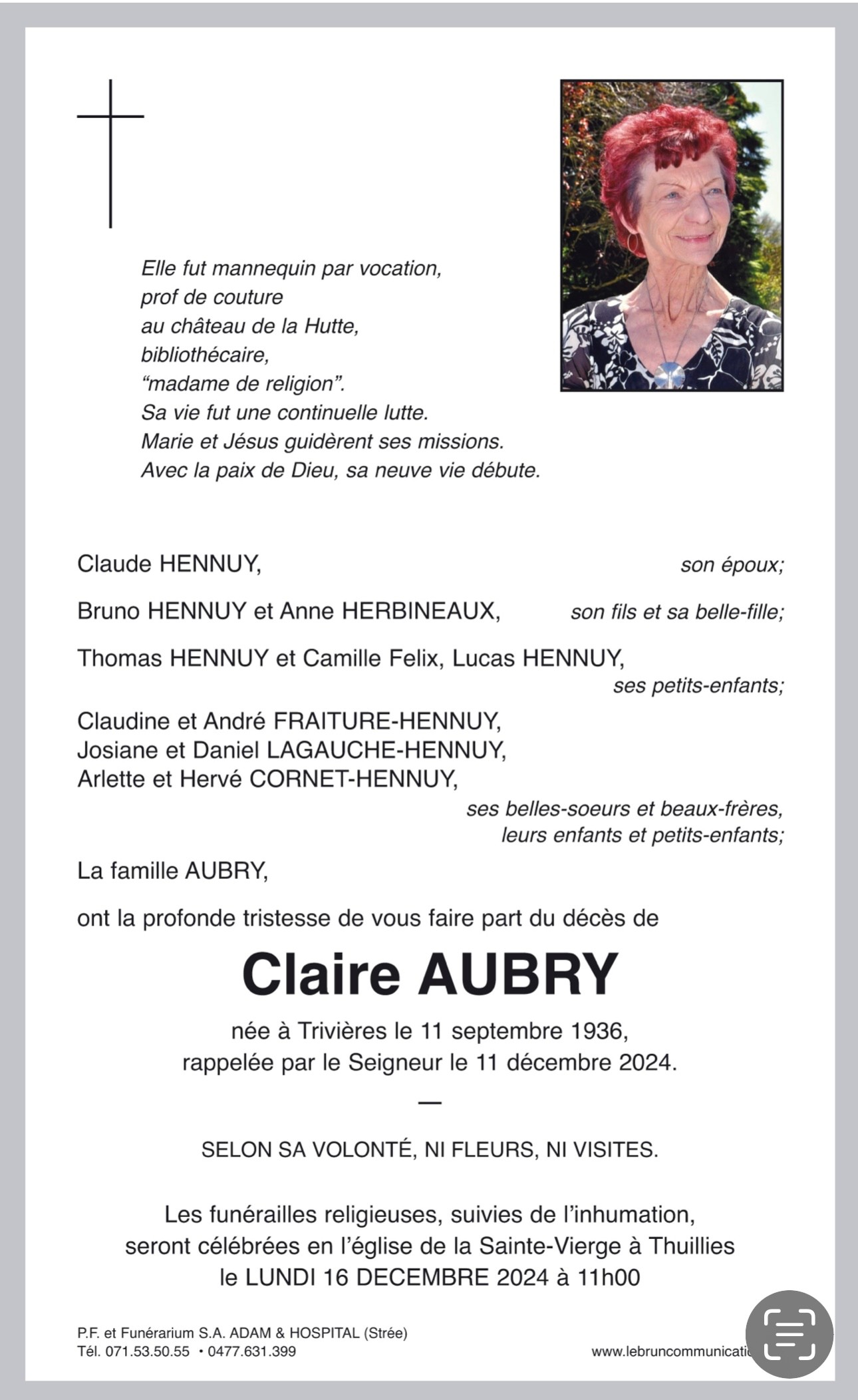 Claire AUBRY | Funérailles Adam Hospital