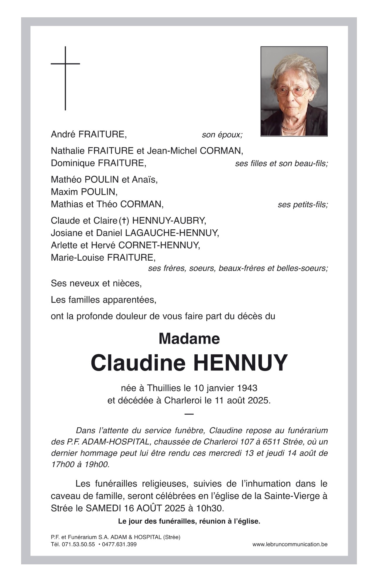 Claudine HENNUY | Funérailles Adam Hospital