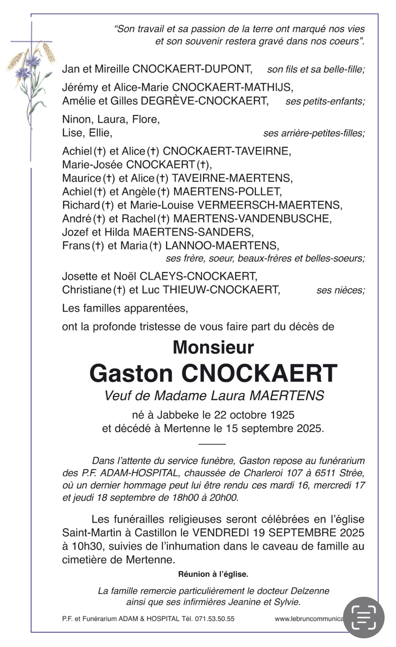 Gaston CNOCKAERT | Funérailles Adam Hospital