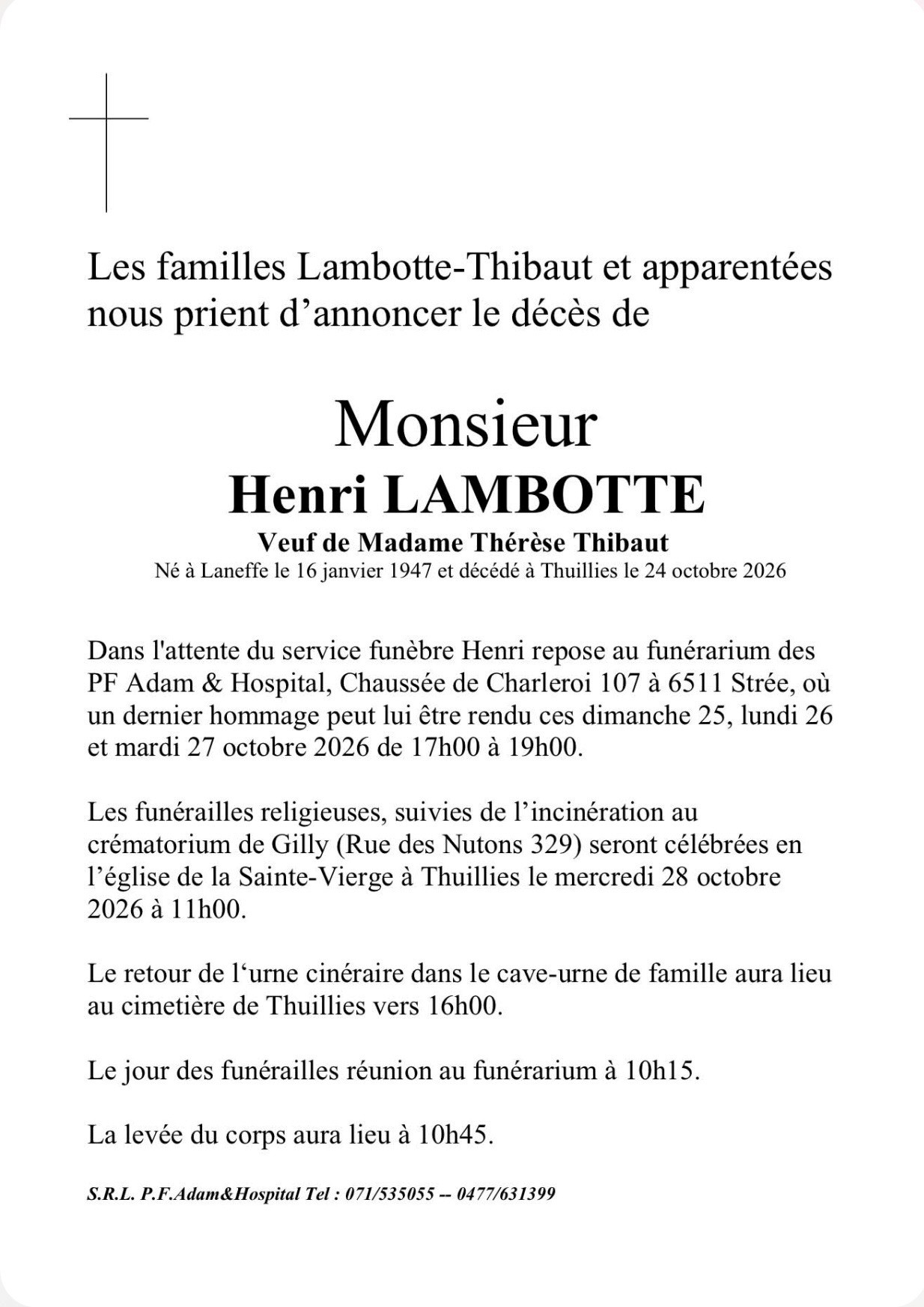 Henri LAMBOTTE | Funérailles Adam Hospital