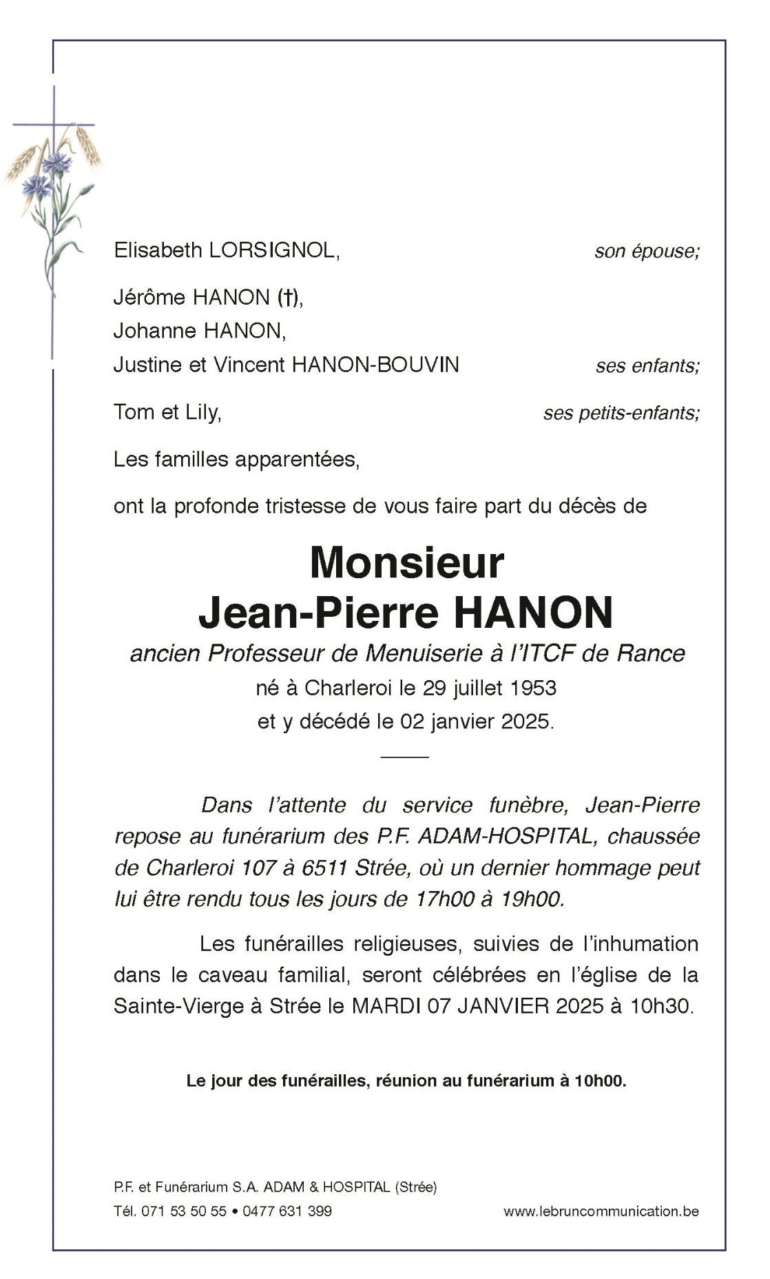 Jean Pierre HANON | Funérailles Adam Hospital