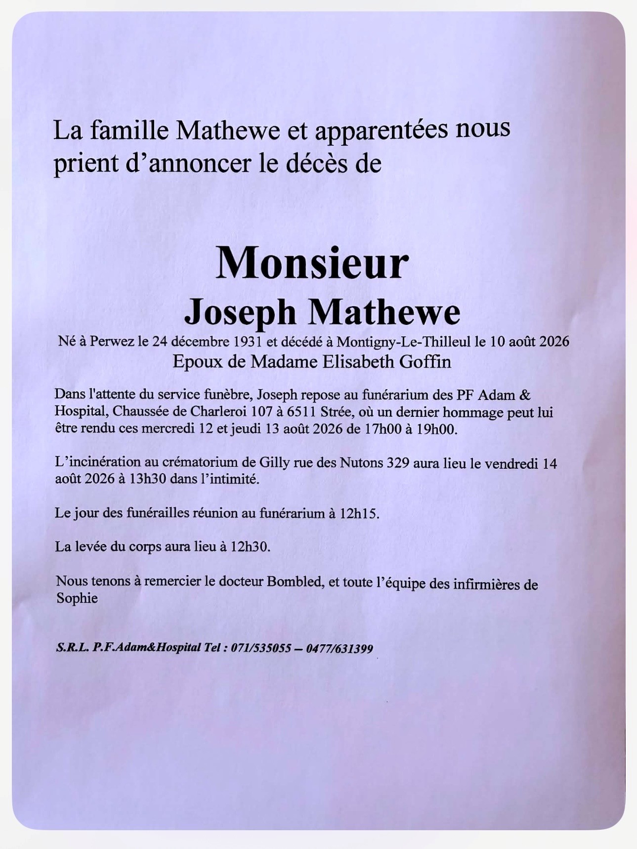 Joseph Mathewe | Funérailles Adam Hospital