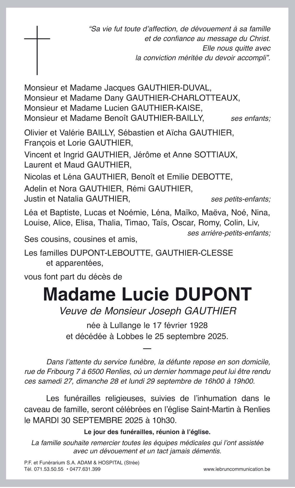 Lucie Dupont | Funérailles Adam Hospital