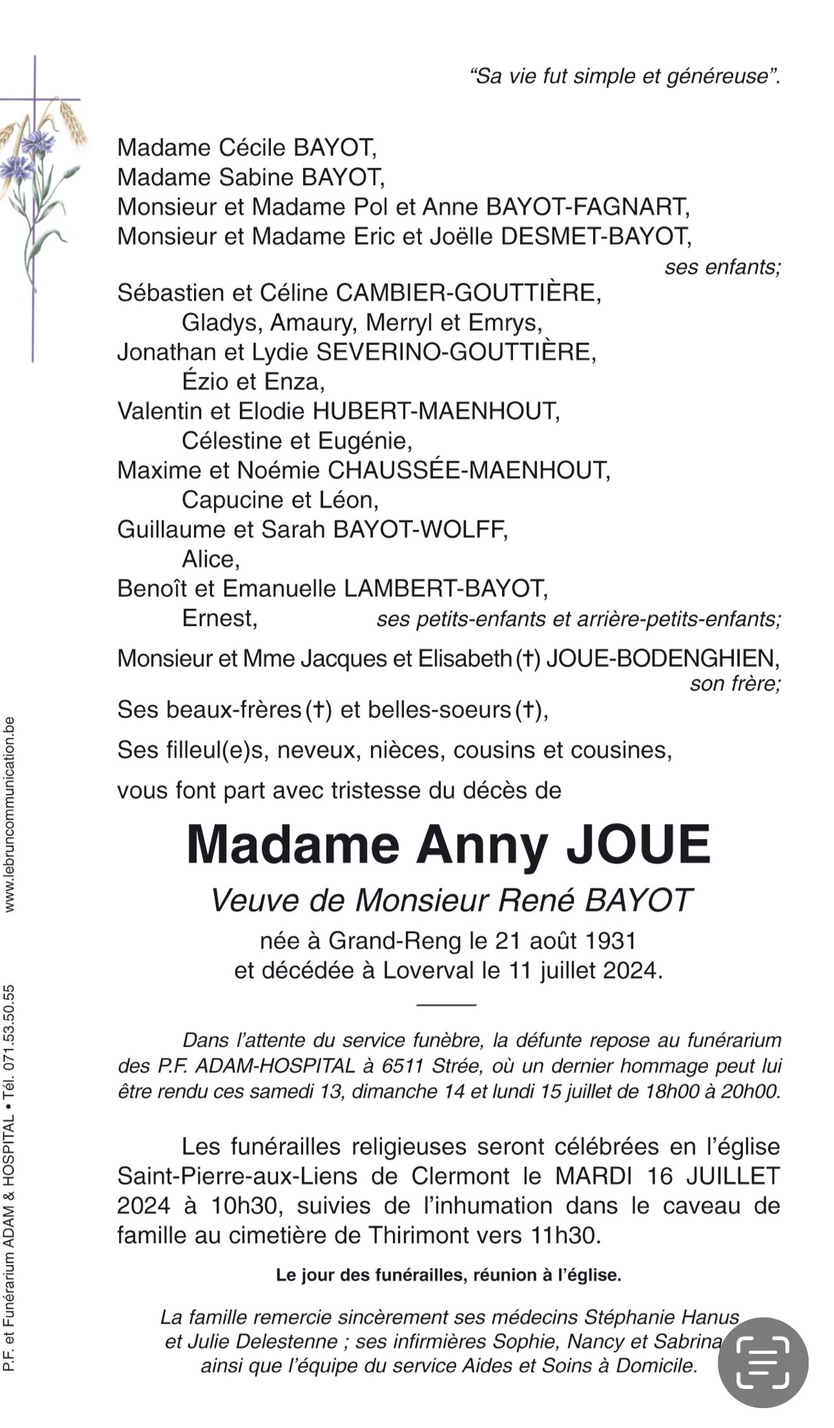 Madame Anny JOUE | Funérailles Adam Hospital