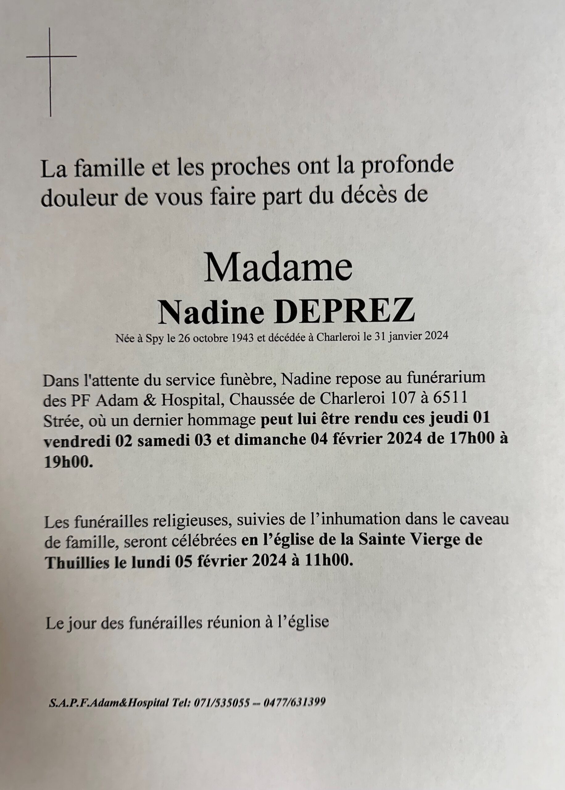 Madame Nadine Deprez scaled | Funérailles Adam Hospital