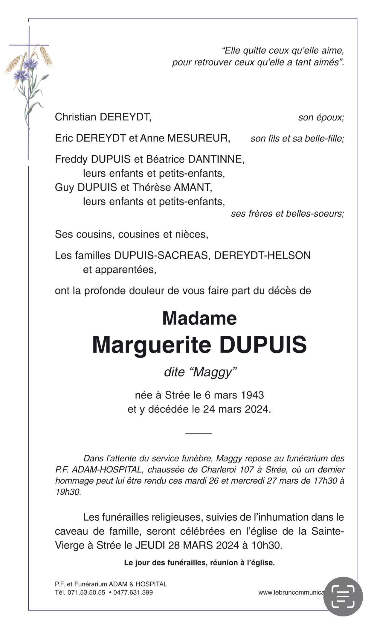 Marguerite DUPUIS | Funérailles Adam Hospital