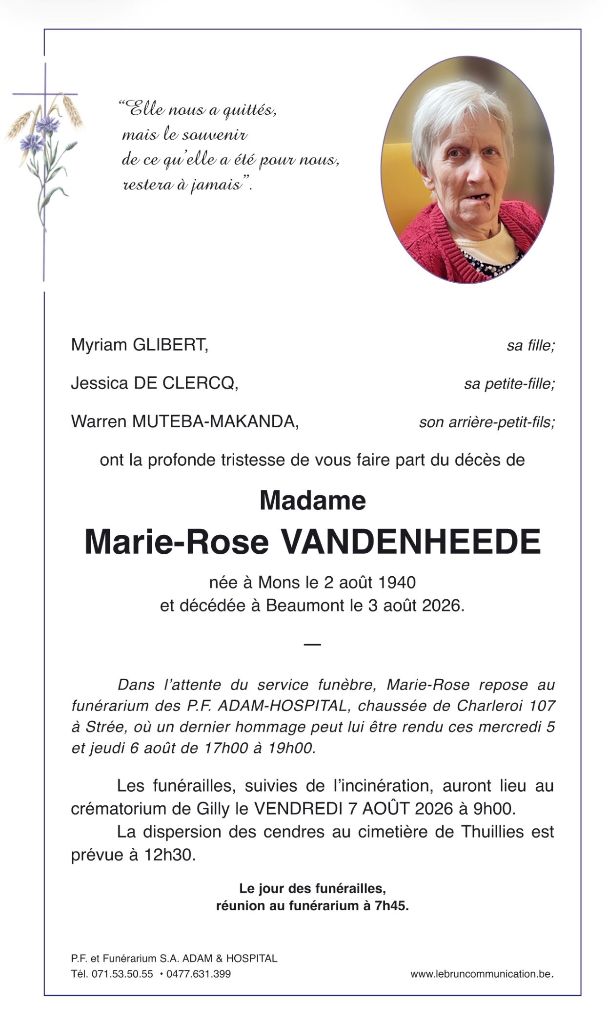 Marie Rose VANDENHEEDE | Funérailles Adam Hospital