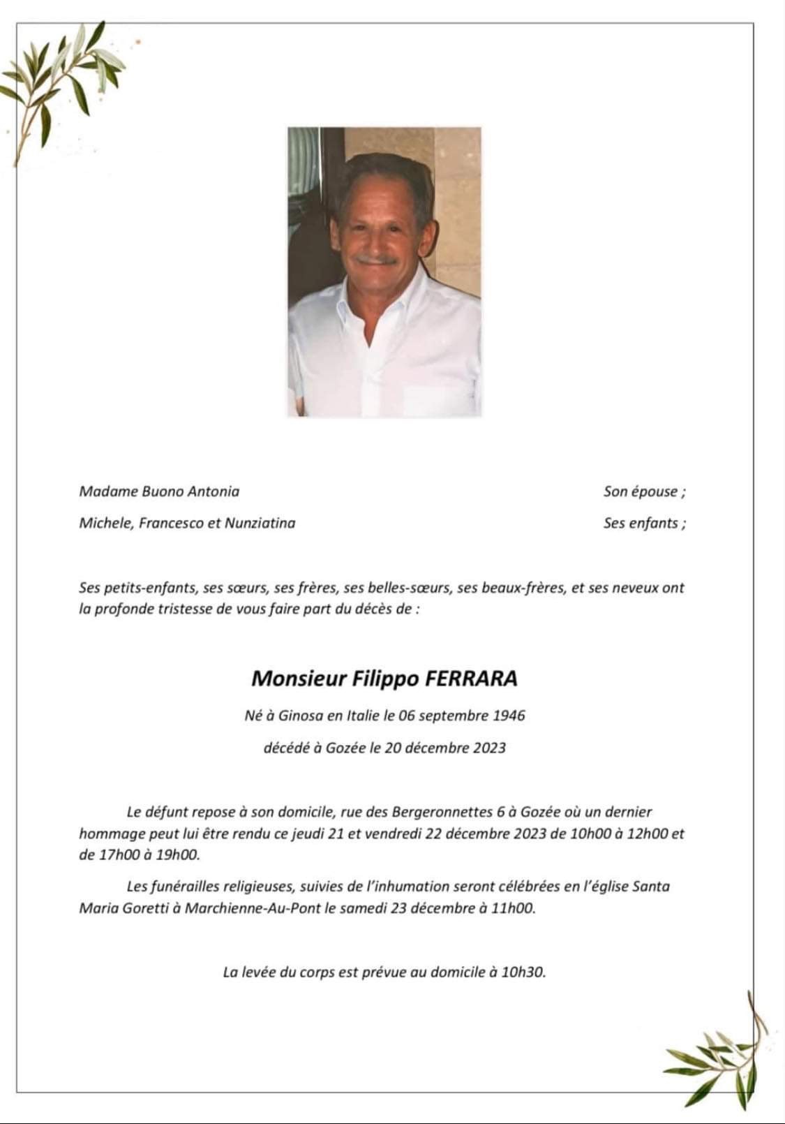 Monsieur Filippo Ferrara | Funérailles Adam Hospital