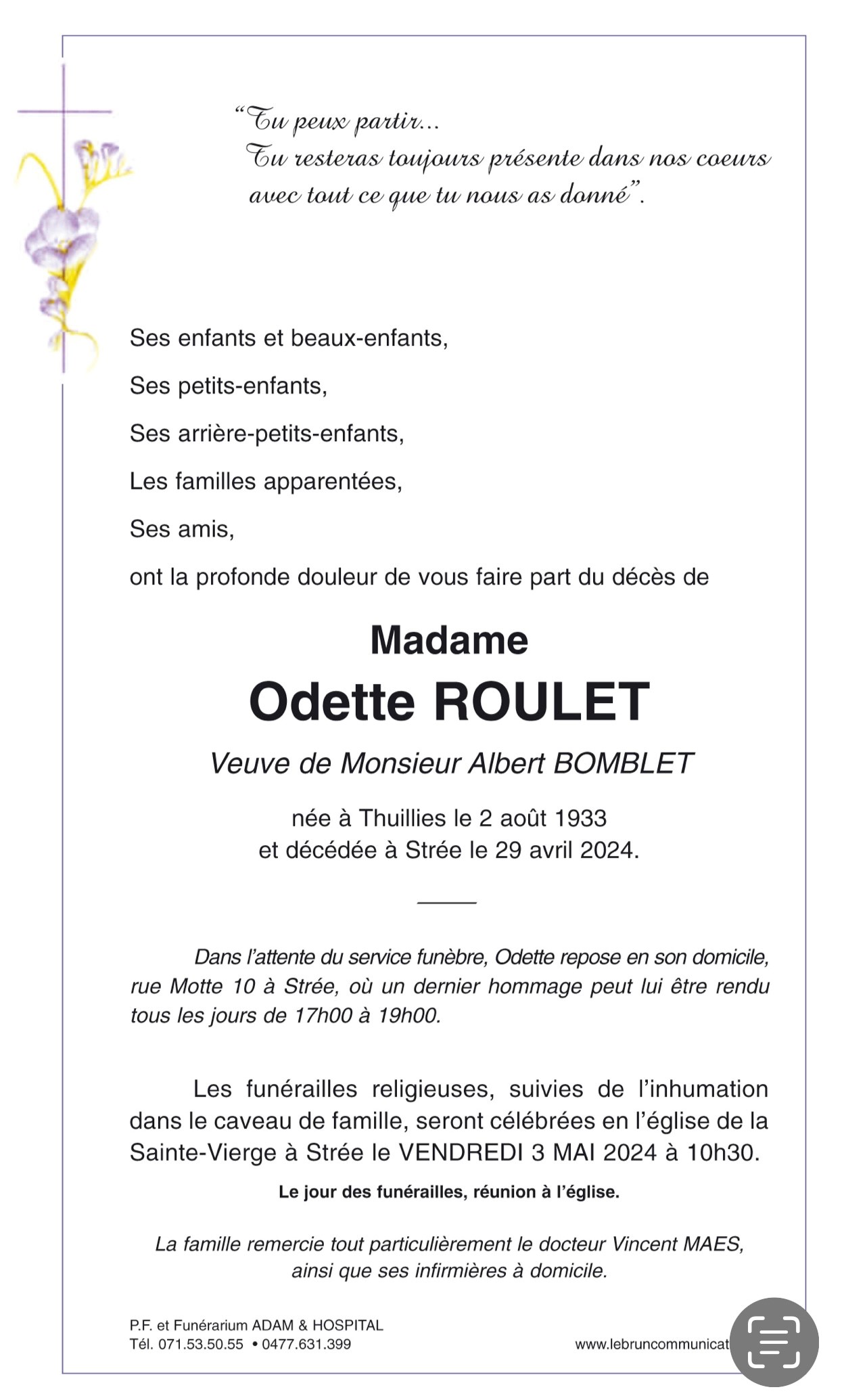 Odette ROULET | Funérailles Adam Hospital
