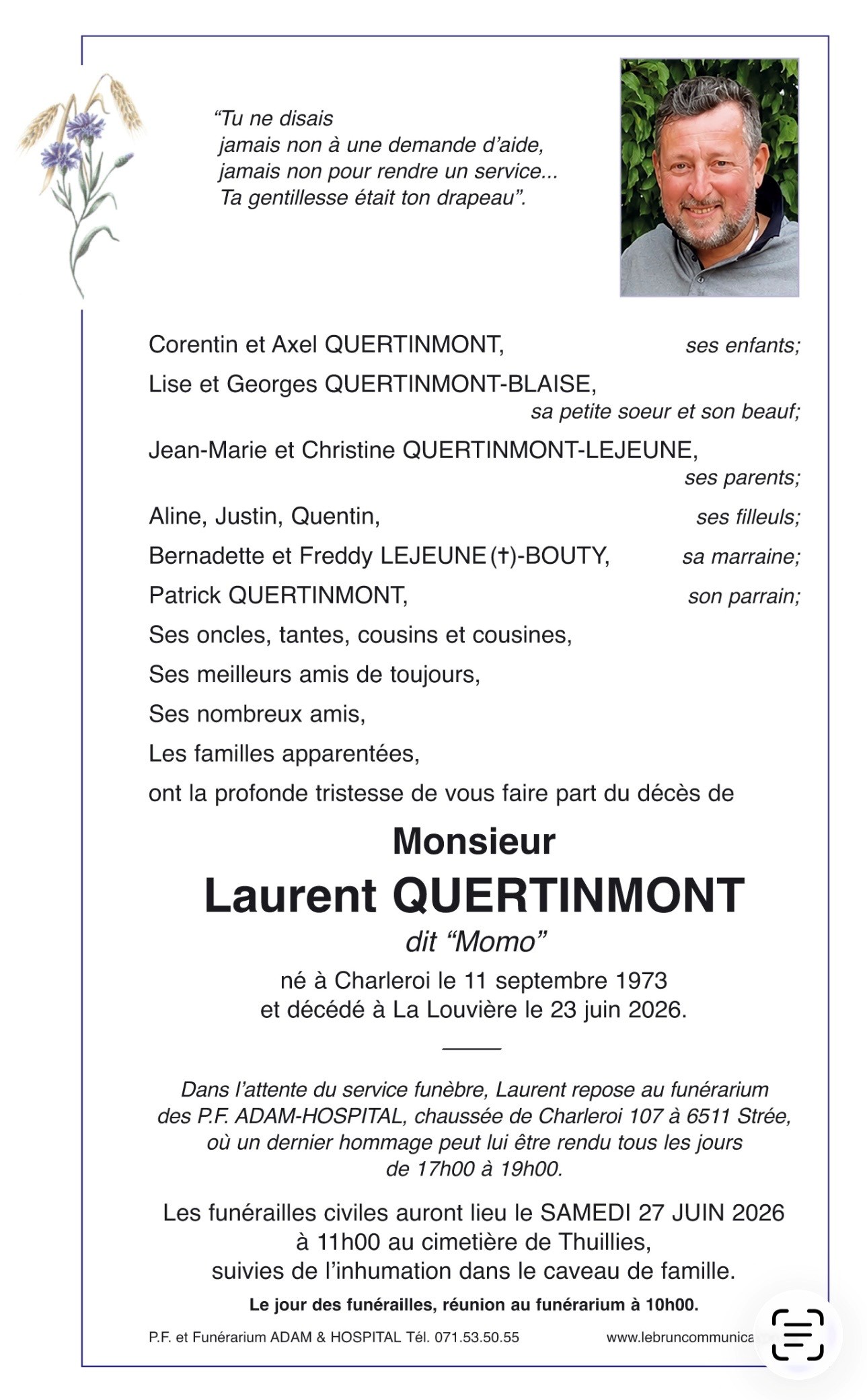 QUERTINMONT laurent | Funérailles Adam Hospital QUERTINMONT laurent | Funérailles Adam Hospital
