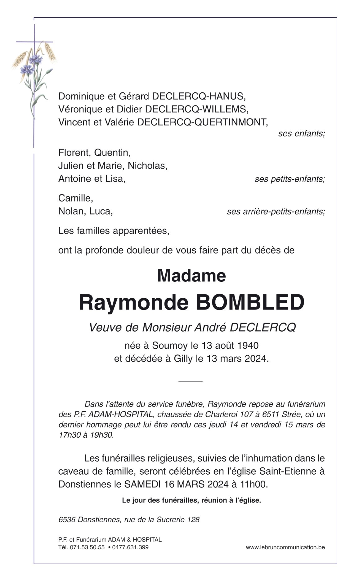 Raymonde Bombled | Funérailles Adam Hospital