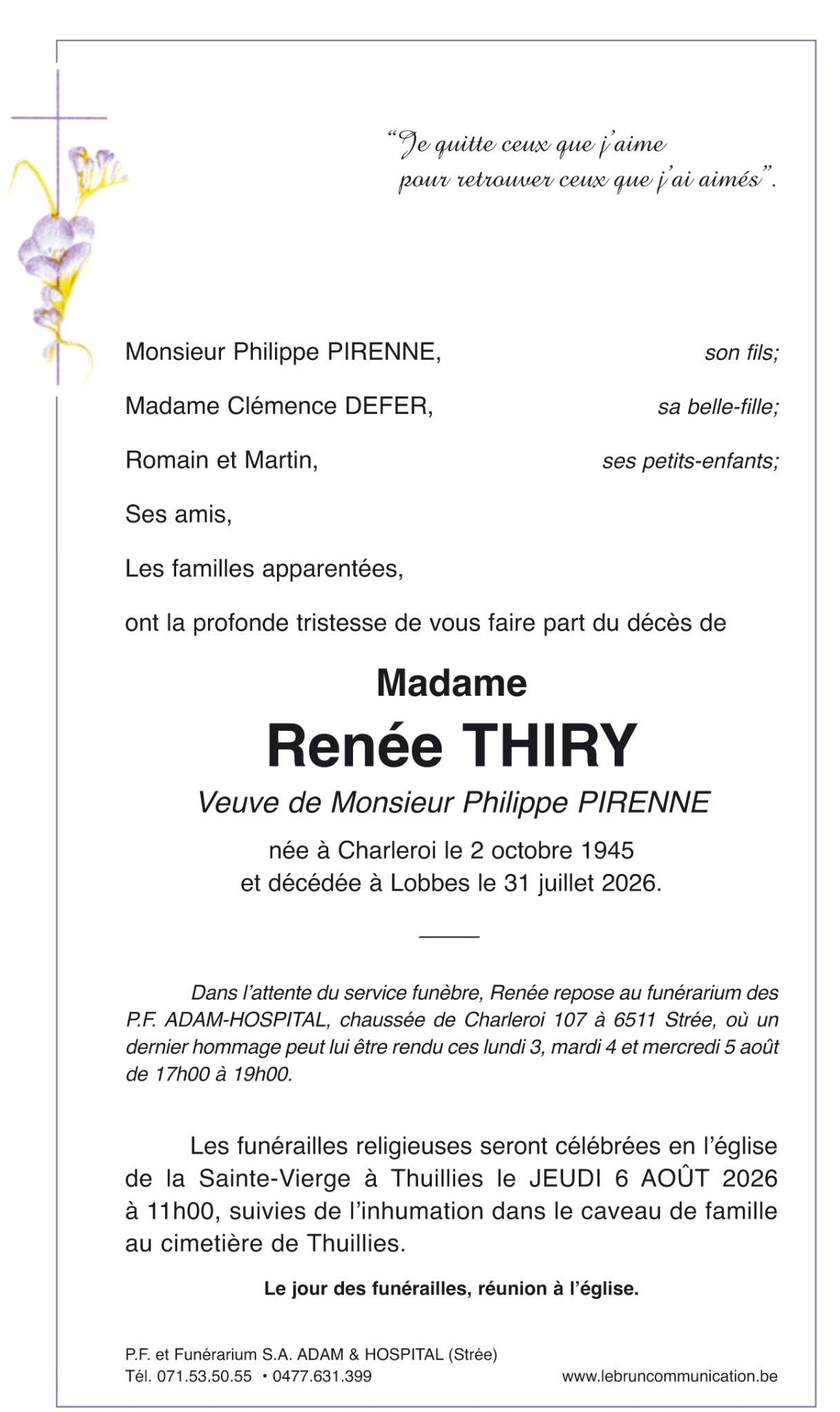 Renee THIRY | Funérailles Adam Hospital