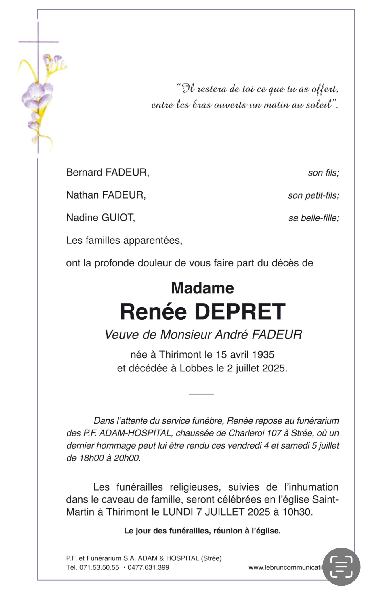 ReneeDEPRET | Funérailles Adam Hospital ReneeDEPRET | Funérailles Adam Hospital