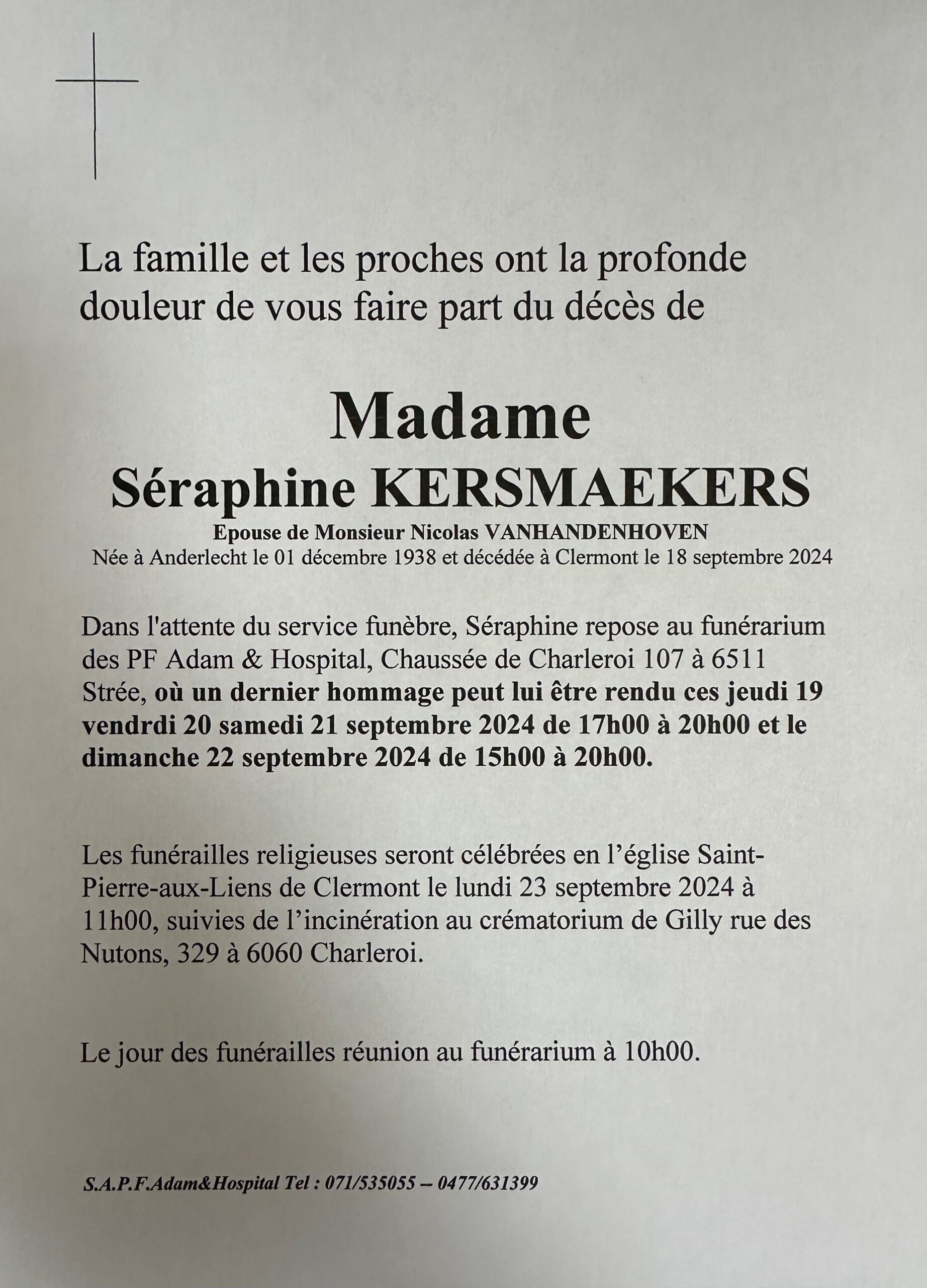 Seraphine KERSMAEKERS scaled | Funérailles Adam Hospital