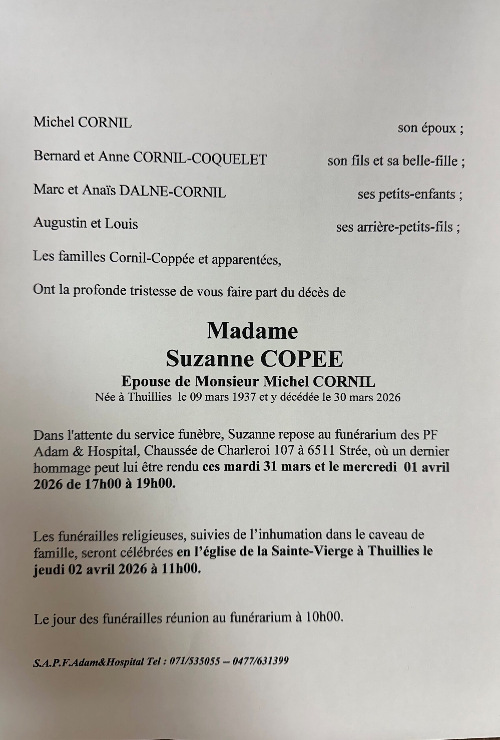 Suzanne COPEE scaled | Funérailles Adam Hospital